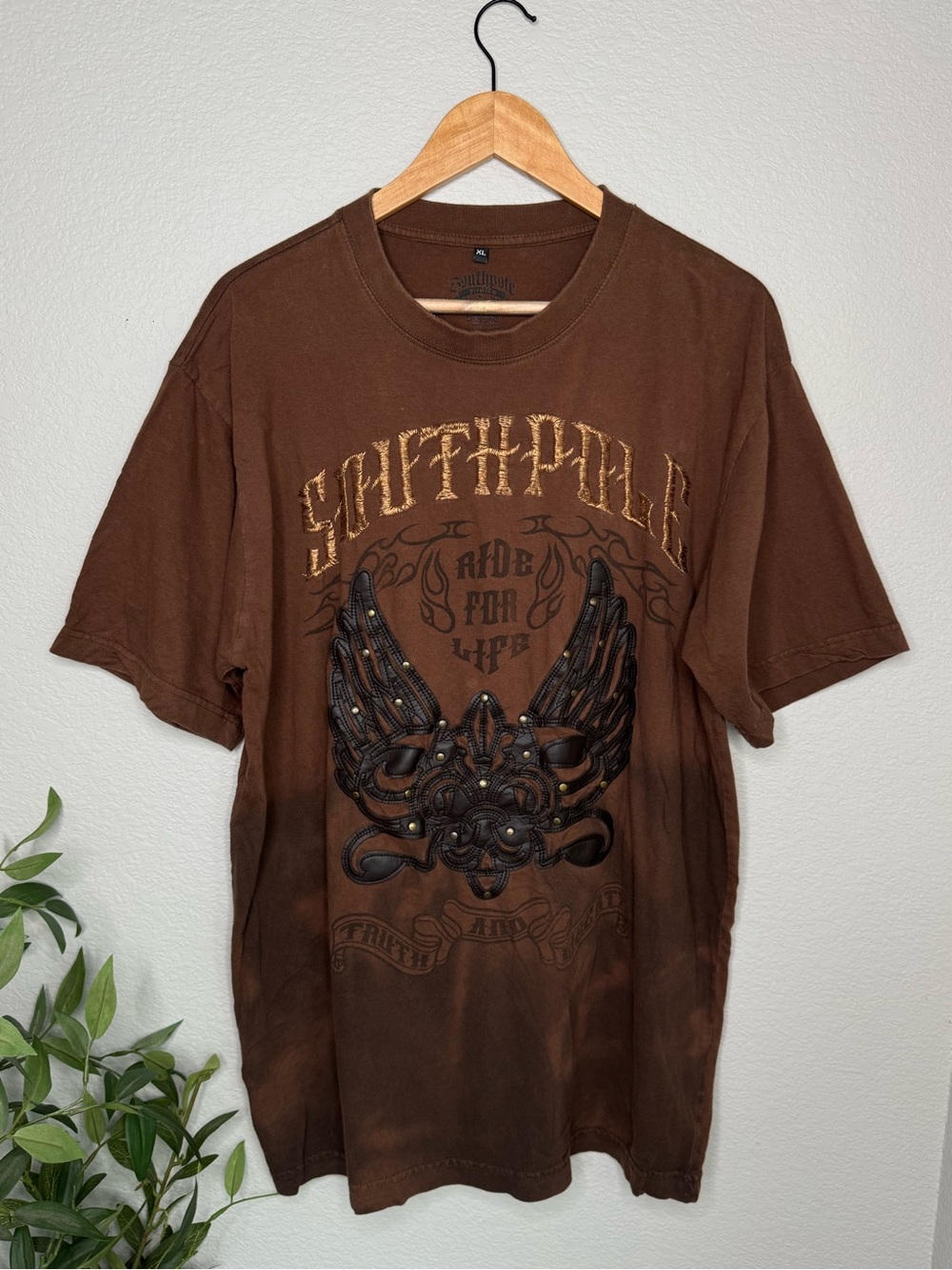 Southpole Platinum Ride For Life T Shirt XL Brown Y2K Studded Biker